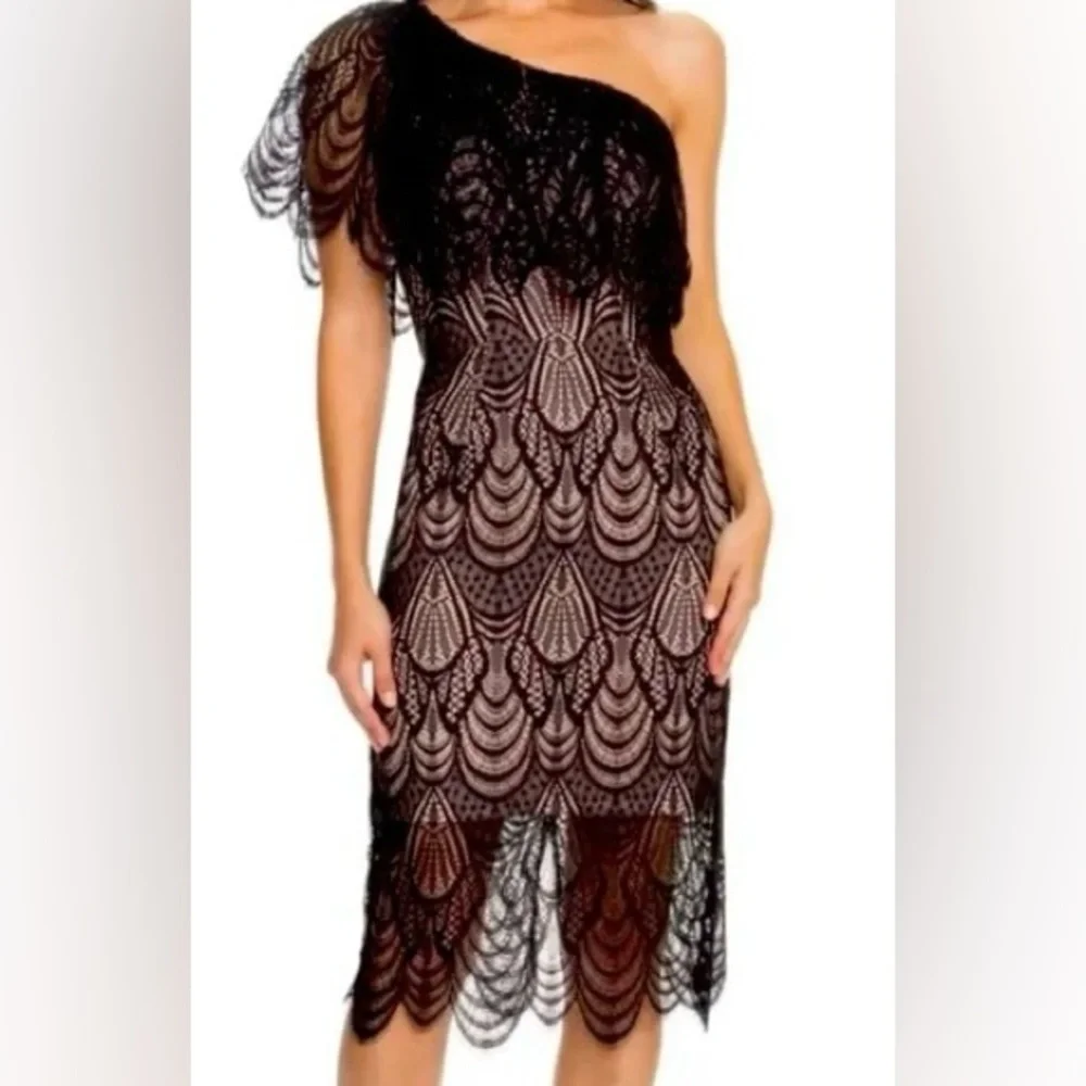 Dress the Population ,Size Medium,  Black Lace One-Shoulder Dress -FREE SHIPPING - Picture 2 of 7